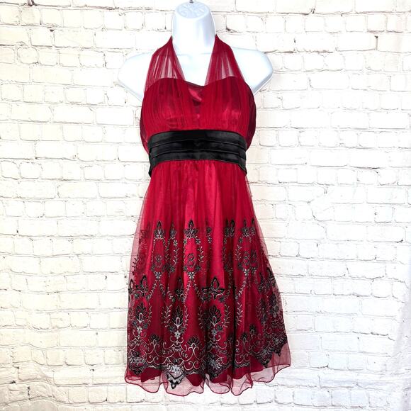 Sequin Hearts Jrs Burgundy Satin Halter Dress Sz 9 Tulle Layers Whimsigoth Fairy - Picture 12 of 12